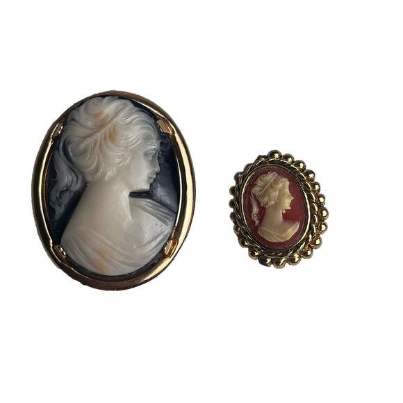 Vintage Cameo Brooches Ornate Gold Tone Oval Carved Resin Pin Jewelry Lot of 2 - Picture 1 of 13